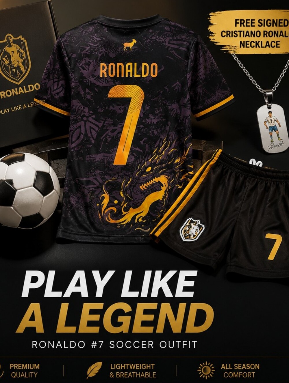 Ronaldo #7 Premium Boys Soccer Jersey & Shorts Set (Ages 11–13) + FREE Necklace